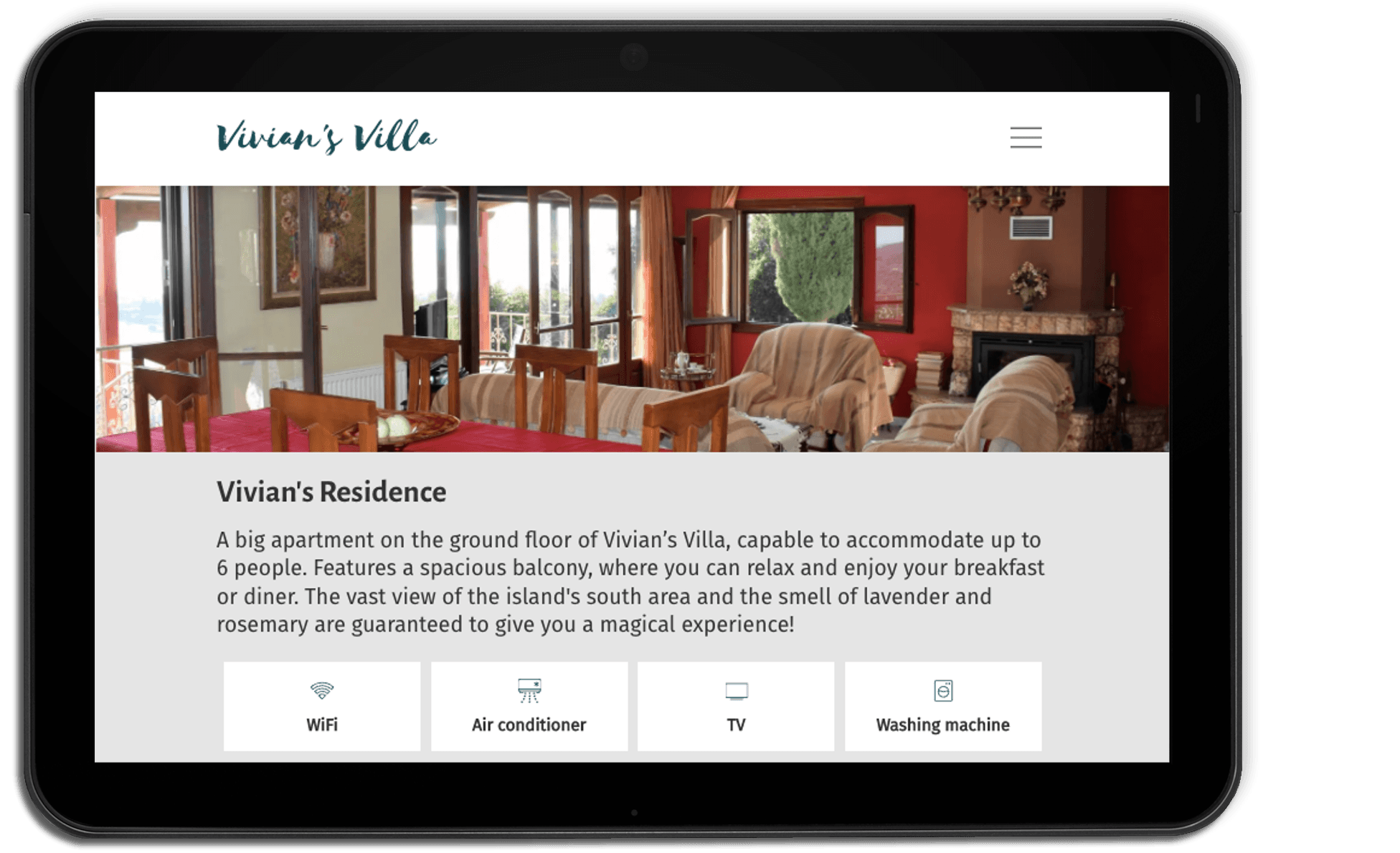 Tablet web design of Vivian's Villa