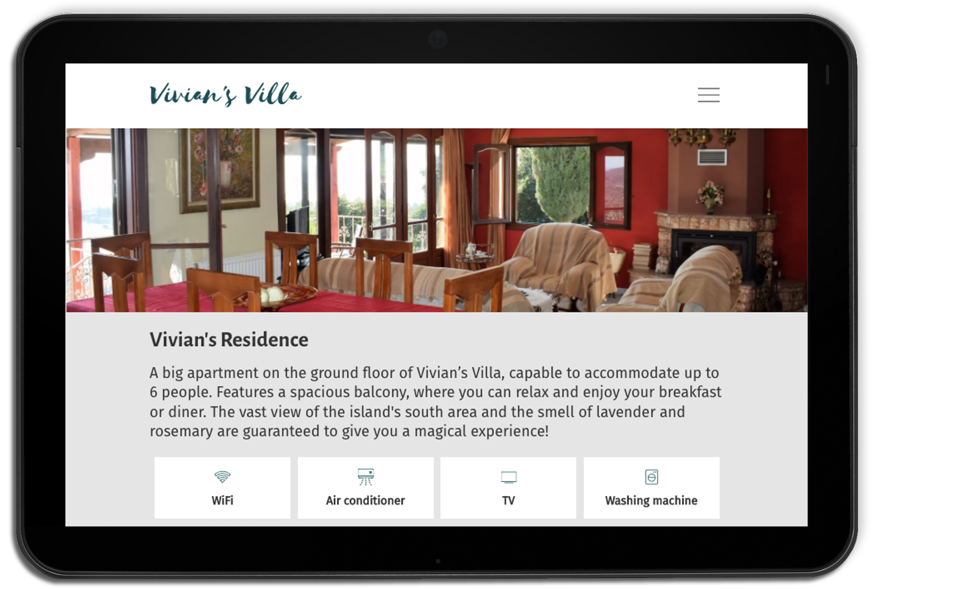 Tablet web design of Vivian's Villa